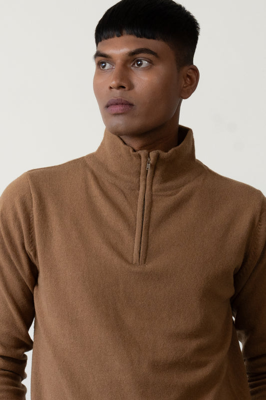 LAMBSWOOL QUARTER-ZIP RUSTIC BROWN SWEATER