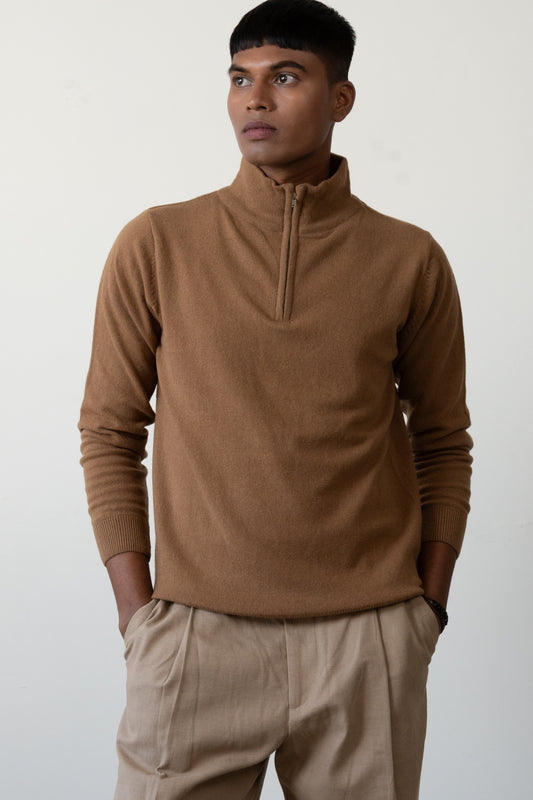 LAMBSWOOL QUARTER-ZIP RUSTIC BROWN SWEATER