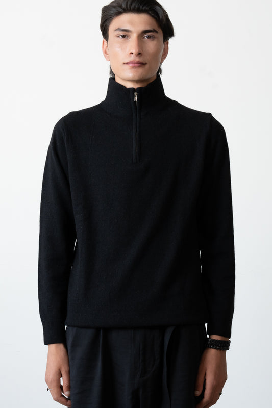 LAMBSWOOL QUARTER-ZIP MIDNIGHT BLACK SWEATER