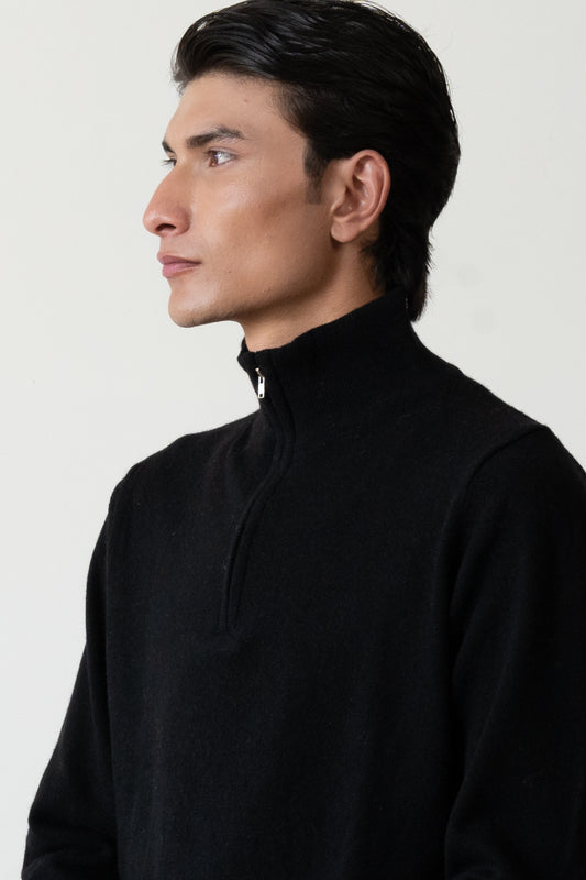 LAMBSWOOL QUARTER-ZIP MIDNIGHT BLACK SWEATER