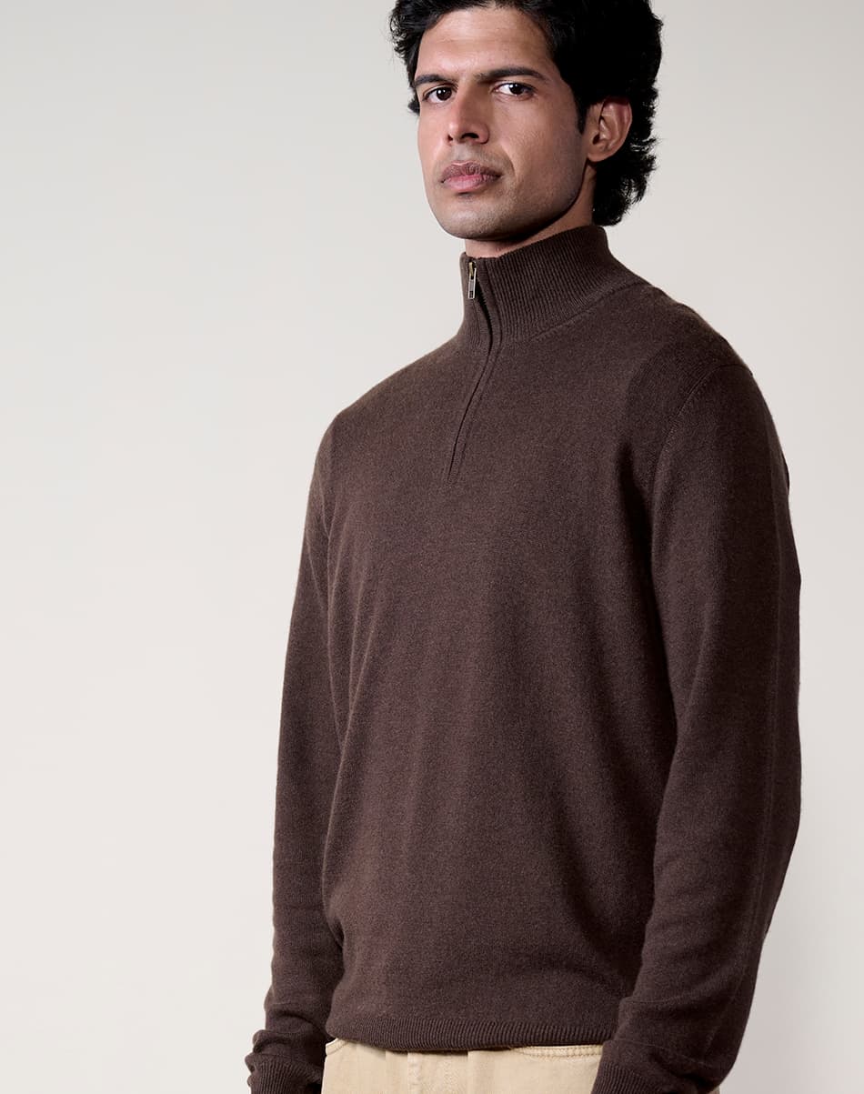 Rich Brown Pure Cashmere Quarter-Zip Jumper 3