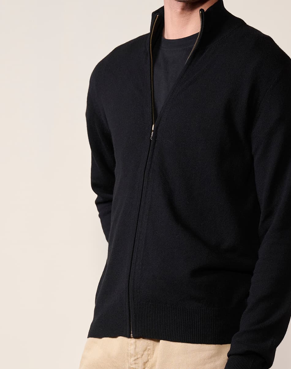 Classic Black Pure Cashmere Full-Zip Jumper