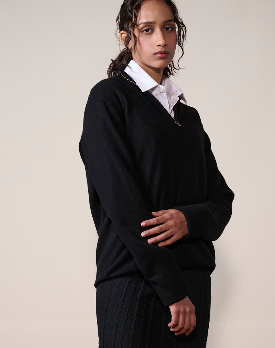 Jet Black Pure Cashmere Quarter-Zip Jumper 2