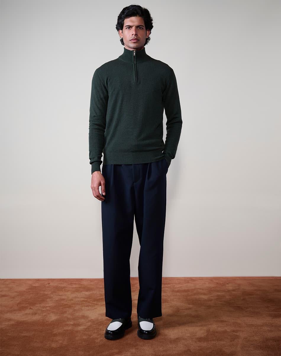 Forest Olive Pure Cashmere Quarter-Zip Jumper