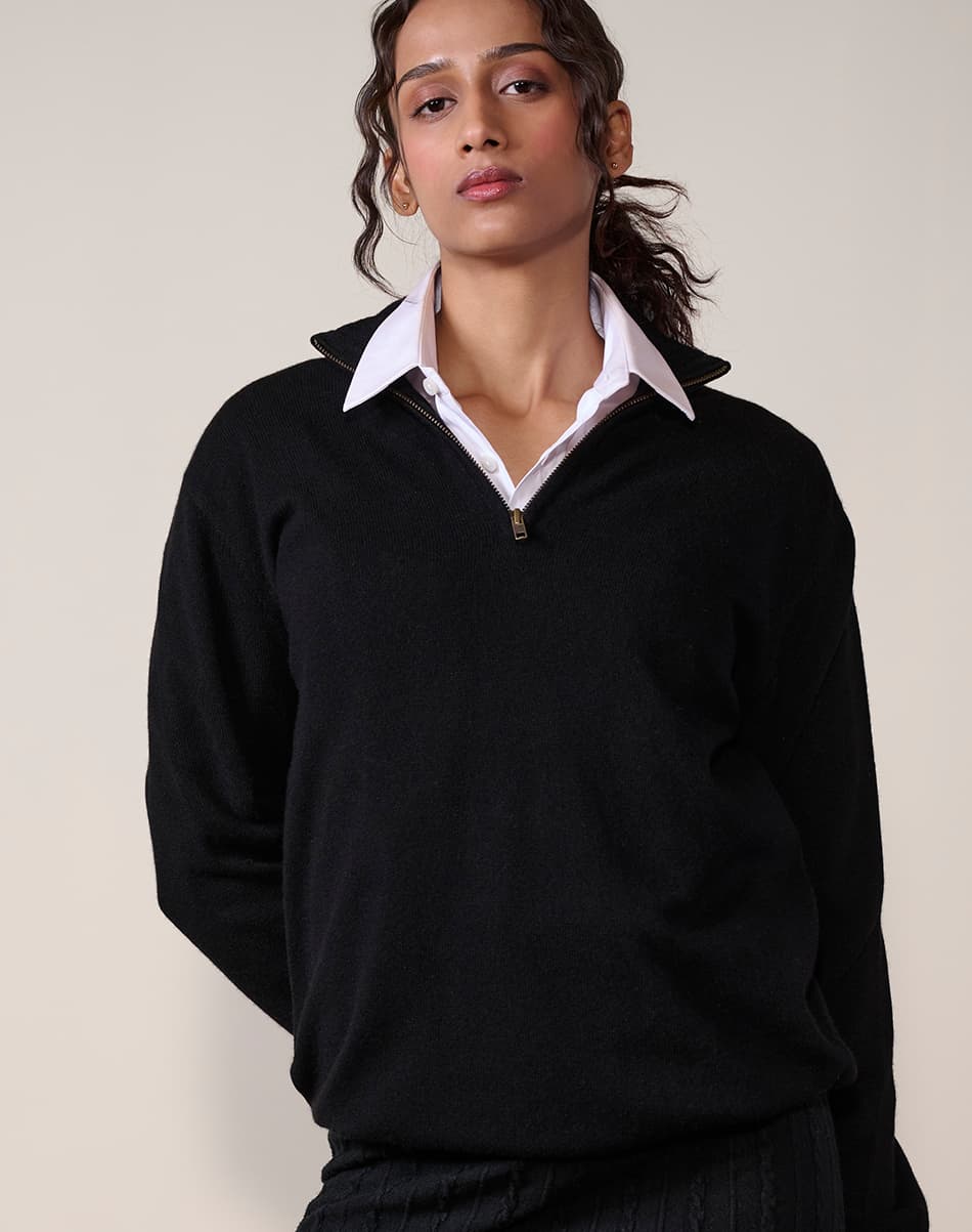 Jet Black Pure Cashmere Quarter-Zip Jumper