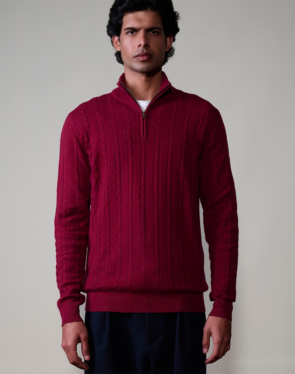 Ruby Wine Pure Cashmere Cable Knit Jumper