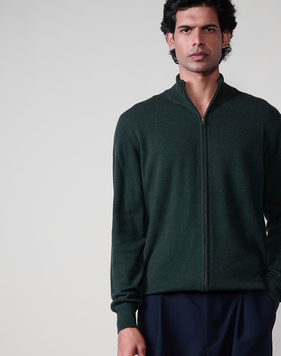 Military Olive Pure Cashmere Full-Zip Jumper