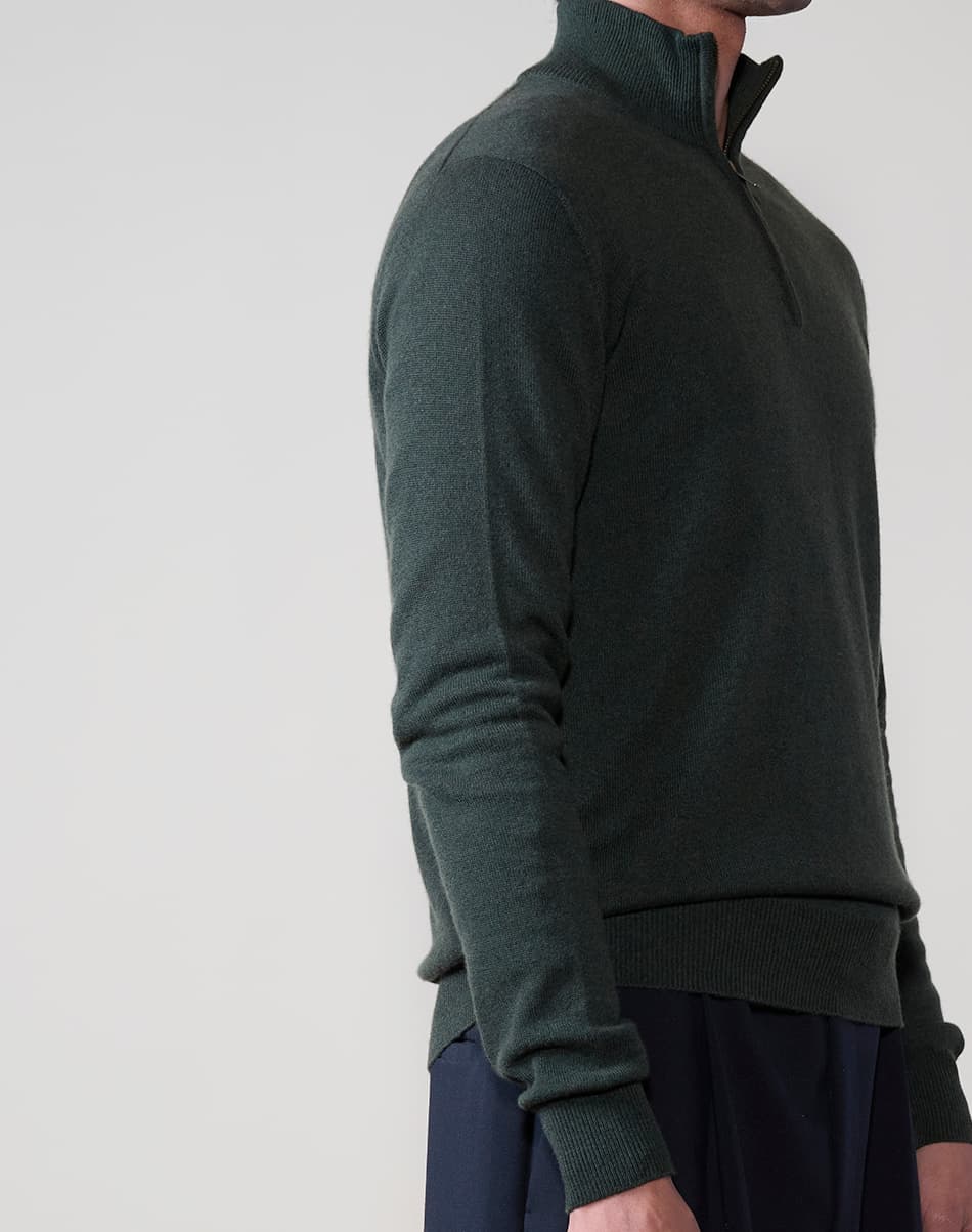 Forest Olive Pure Cashmere Quarter-Zip Jumper 4
