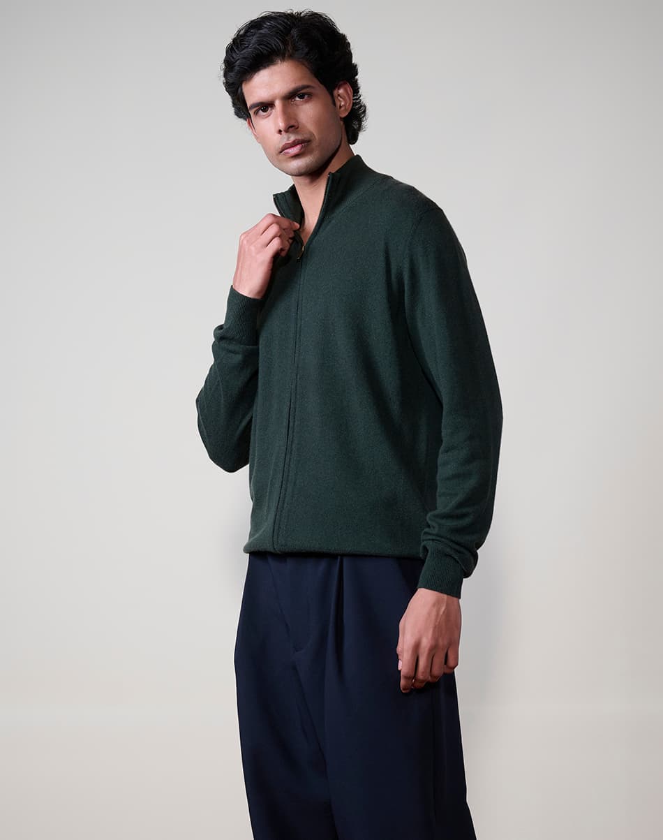 Military Olive Pure Cashmere Full-Zip Jumper 3